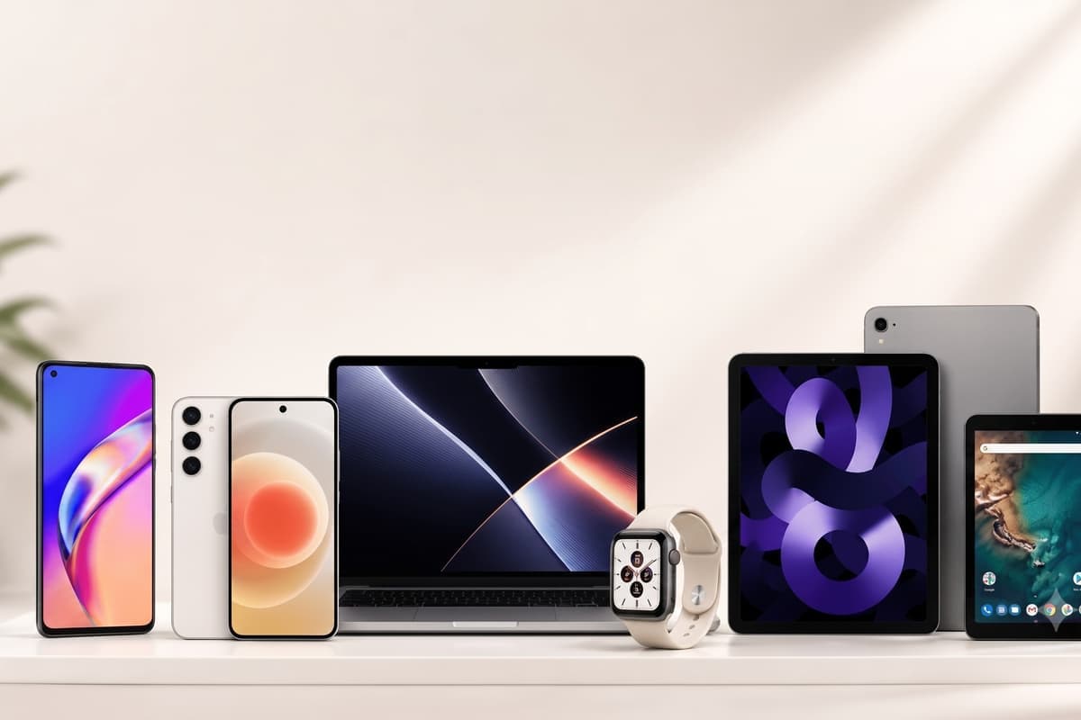 A lineup of devices on a plain surface: two phones, a laptop, a smartwatch and three tablets