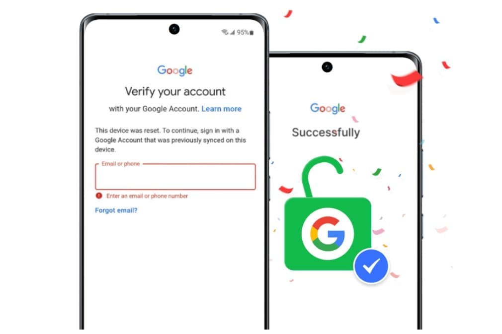 Two phone screens showing Google's account verification step after a factory reset, with an unlocked padlock graphic